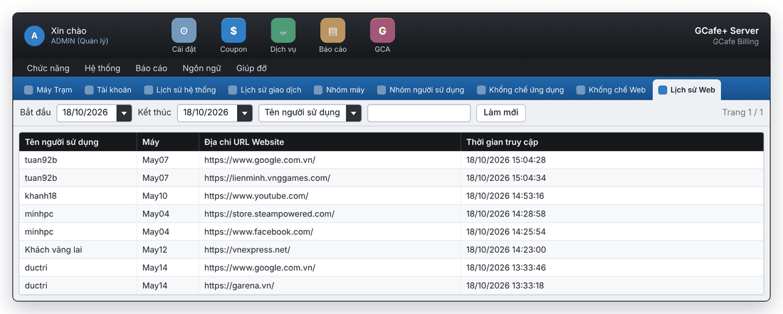 Tab Lịch sử Web: tên người dùng, máy, địa chỉ website và thời gian truy cập (giao diện mới)