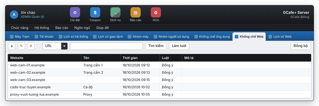 Tab Không chế Web với các nút thêm, sửa, xoá, tìm kiếm và đồng bộ (giao diện mới)