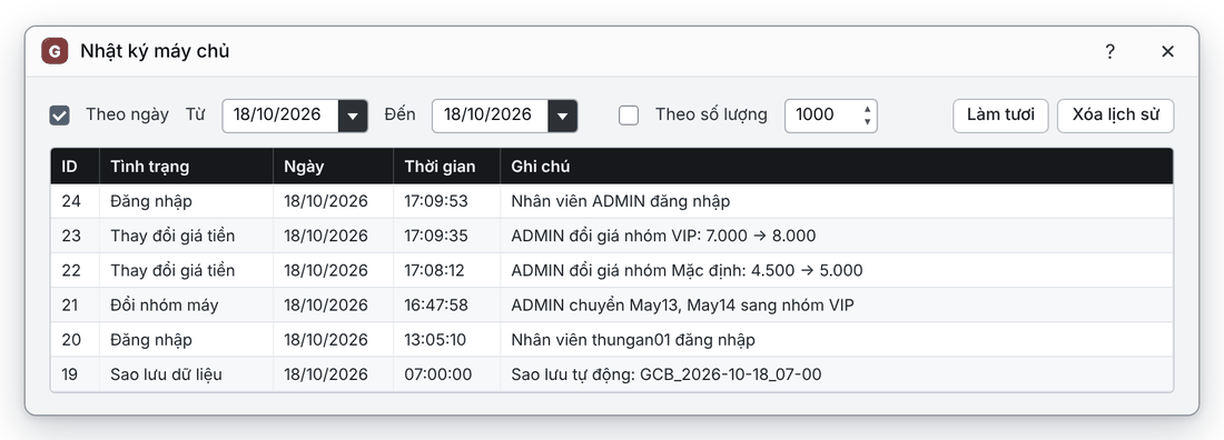 Nhật ký máy chủ với thời gian, loại thao tác và nhân viên thực hiện (giao diện mới)
