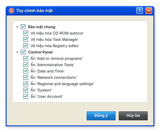 Cửa sổ Tùy chỉnh bảo mật với các mục Bảo mật chung và Control Panel (giao diện cổ điển)