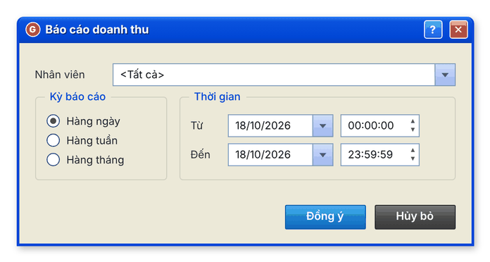 Hộp thoại Báo cáo doanh thu: chọn nhân viên, kiểu kỳ và khoảng thời gian (giao diện cổ điển)
