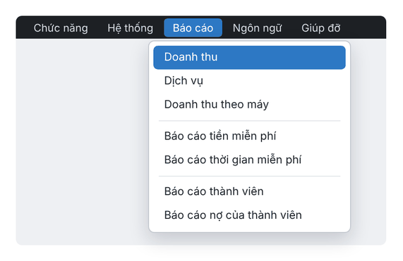 Menu Báo cáo: Doanh thu, Dịch vụ, Doanh thu theo máy, Báo cáo tiền miễn phí, thời gian miễn phí, thành viên, nợ của thành viên (giao diện mới)