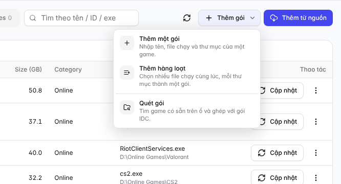 Menu Thêm gói
