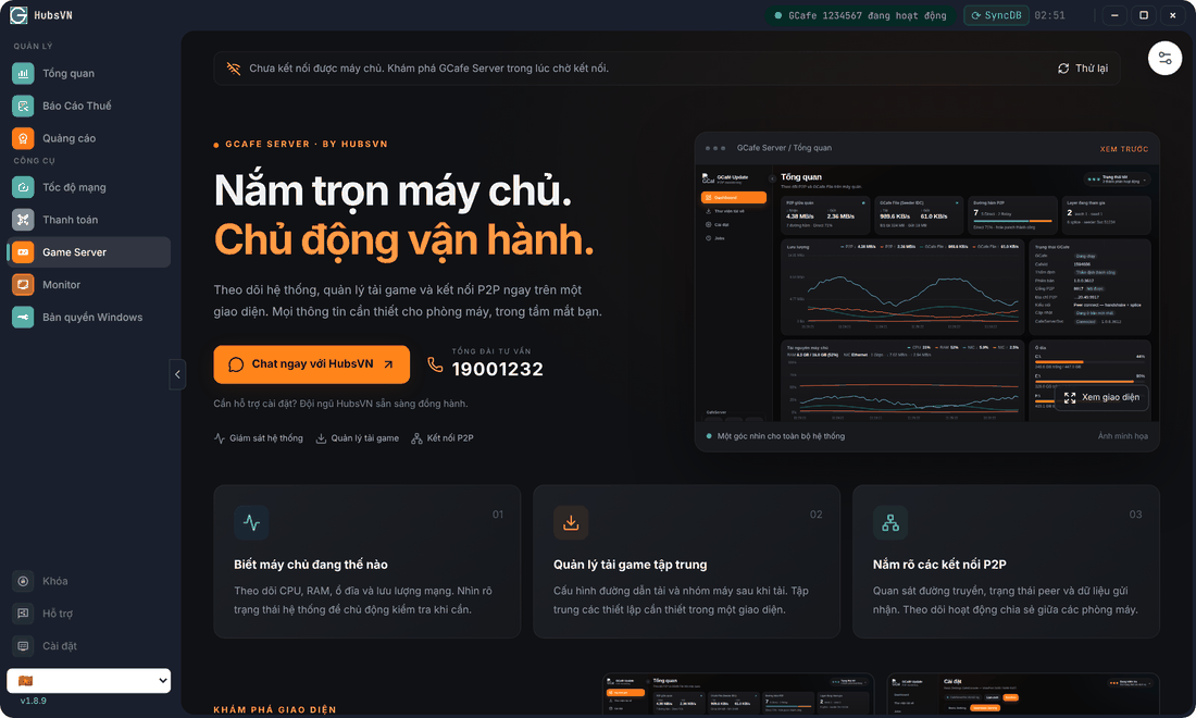 Màn hình Game Server khi chưa kết nối được máy chủ, có nút Thử lại và nút cấu hình IP