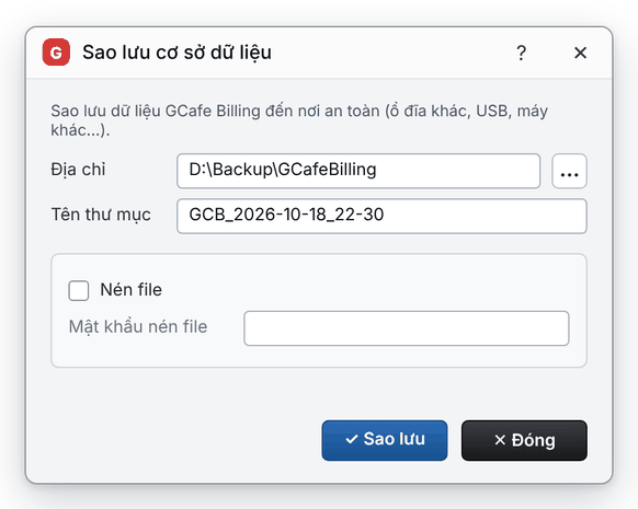 Hộp thoại Sao lưu cơ sở dữ liệu: địa chỉ lưu, tên thư mục, tùy chọn nén file (giao diện mới)
