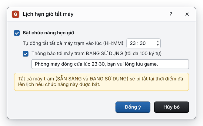 Hộp thoại Lịch hẹn giờ tắt máy với giờ tắt và nội dung thông báo (giao diện mới)