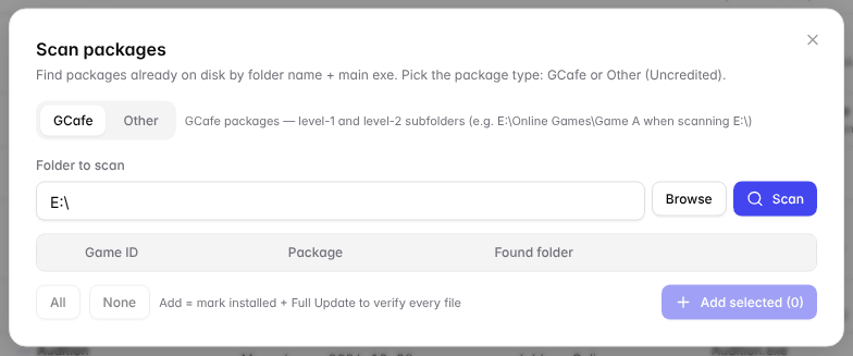 Scan packages dialog