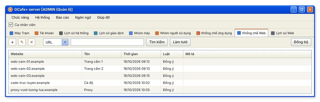 Tab Không chế Web với các nút thêm, sửa, xoá, tìm kiếm và đồng bộ (giao diện cổ điển)