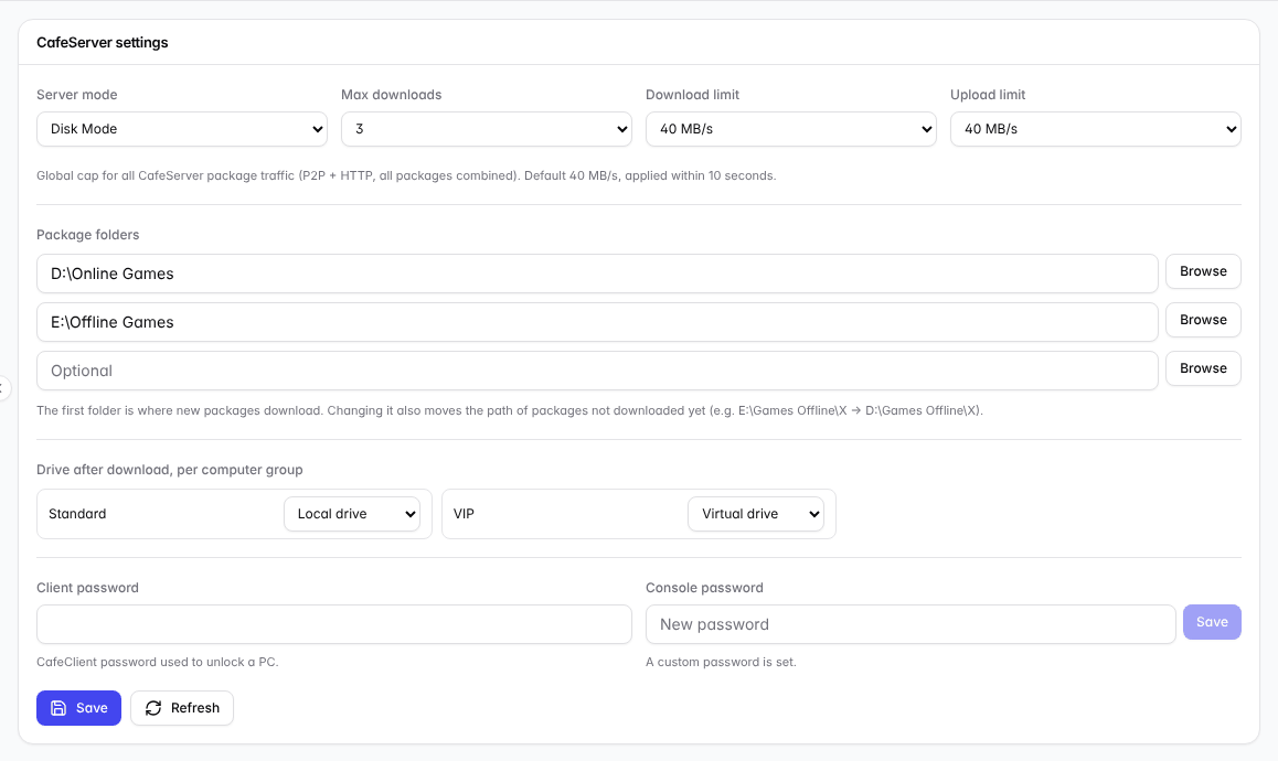 Settings page