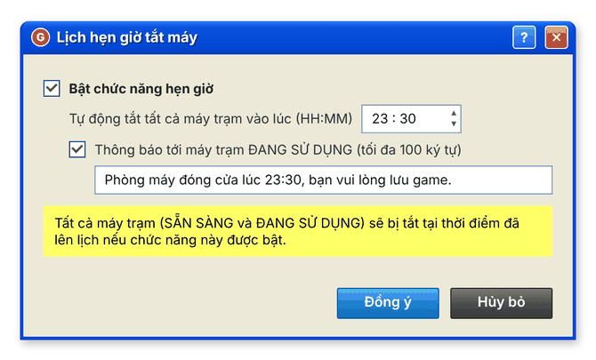 Hộp thoại Lịch hẹn giờ tắt máy với giờ tắt và nội dung thông báo (giao diện cổ điển)