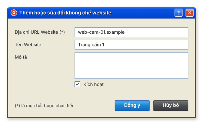 Hộp thoại Thêm hoặc sửa đổi không chế website (giao diện cổ điển)