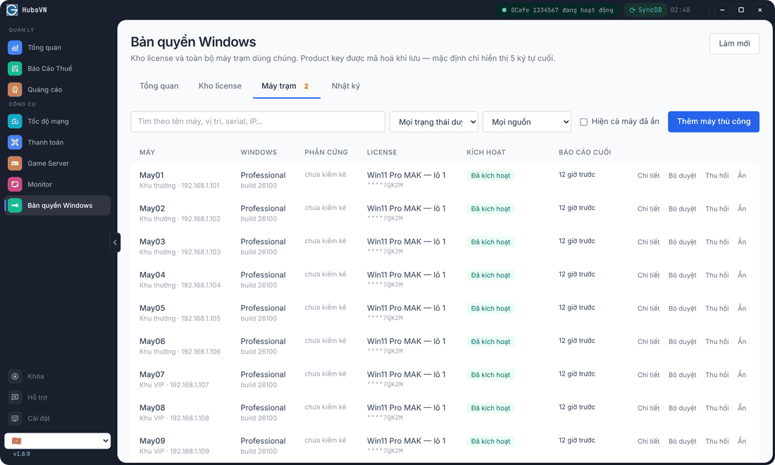 Thẻ Máy trạm: danh sách máy với phiên bản Windows, license, trạng thái kích hoạt và các nút Chi tiết, Duyệt, Thu hồi