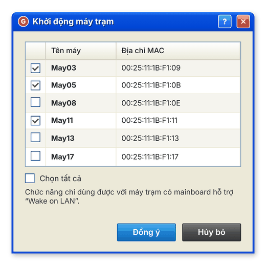 Hộp thoại chọn máy trạm cần khởi động từ xa theo tên máy và địa chỉ MAC (giao diện cổ điển)