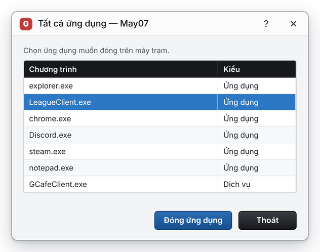 Cửa sổ Tất cả ứng dụng với danh sách chương trình đang chạy trên máy trạm (giao diện mới)