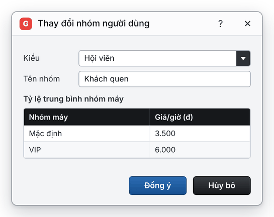 Hộp thoại Thay đổi nhóm người dùng: kiểu, tên nhóm và giá trên từng nhóm máy (giao diện mới)