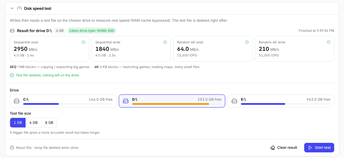 Disk speed test results