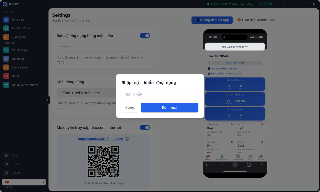 Trang Cài đặt: mật khẩu, khởi động cùng, truy cập từ xa với link và mã QR, hướng dẫn cài app bên phải