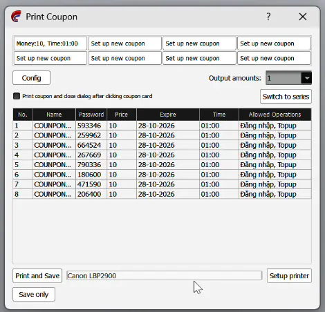 In coupon hàng loạt kèm mật khẩu
