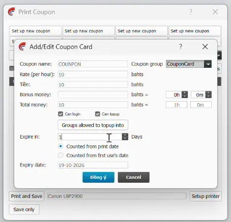 Tạo mẫu coupon giờ chơi, tiền thưởng